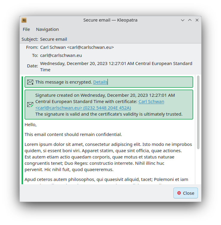 Encrypted email viewer in Kleopatra
